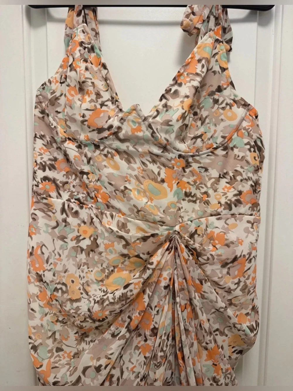 PrettyLittleThing Peach Cream Floral Underwire MIDI Draped Dress Sz 12
